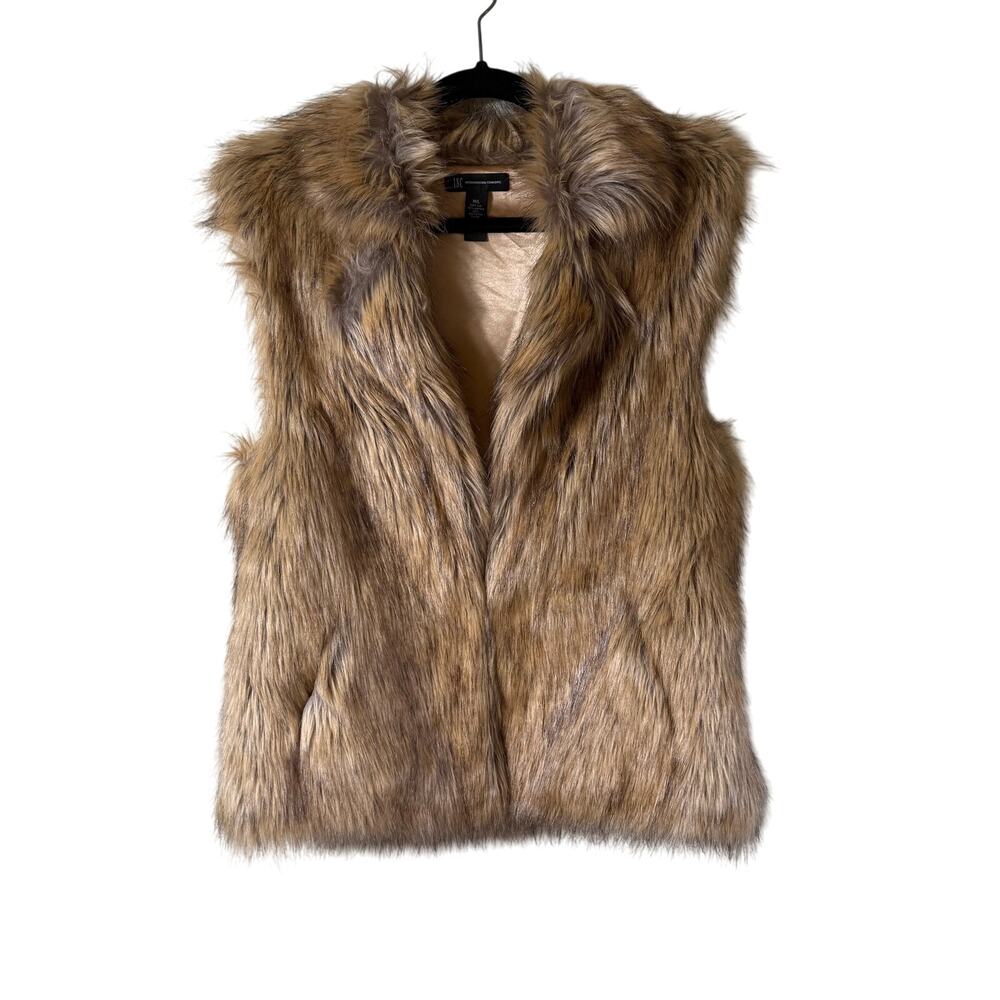 Faux Fur Vest SZ M/L Brown Tan Mob Wife Fury Fuzzy Pockets